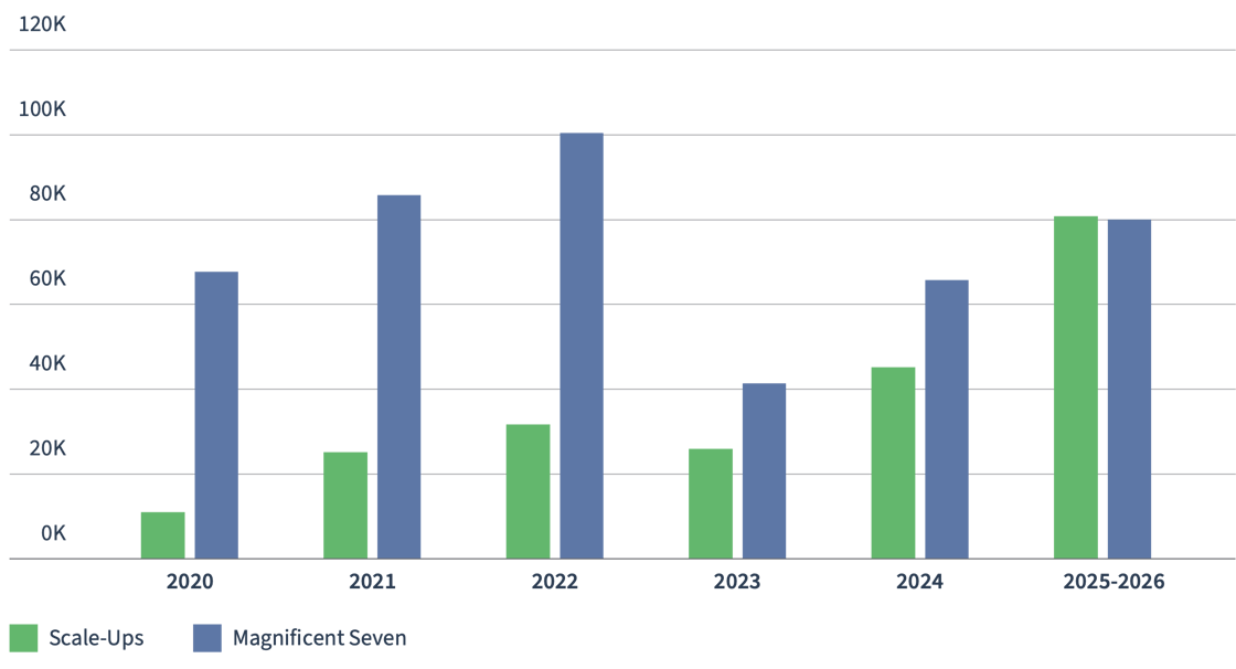 count of increase in curremt workforce by year at scale ups and mah 7 companies
